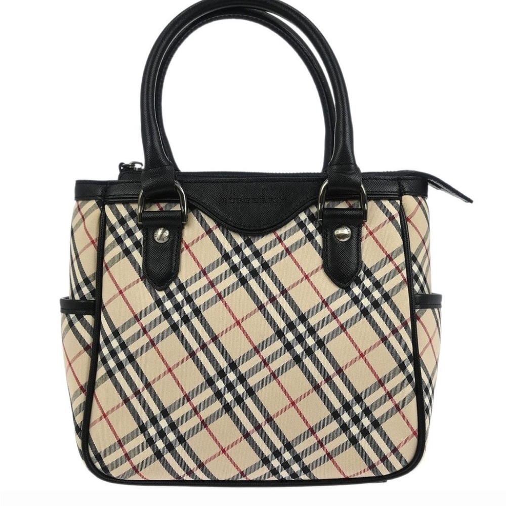 Burberry Check Beige Canvas Satchel with Black Leather Trim